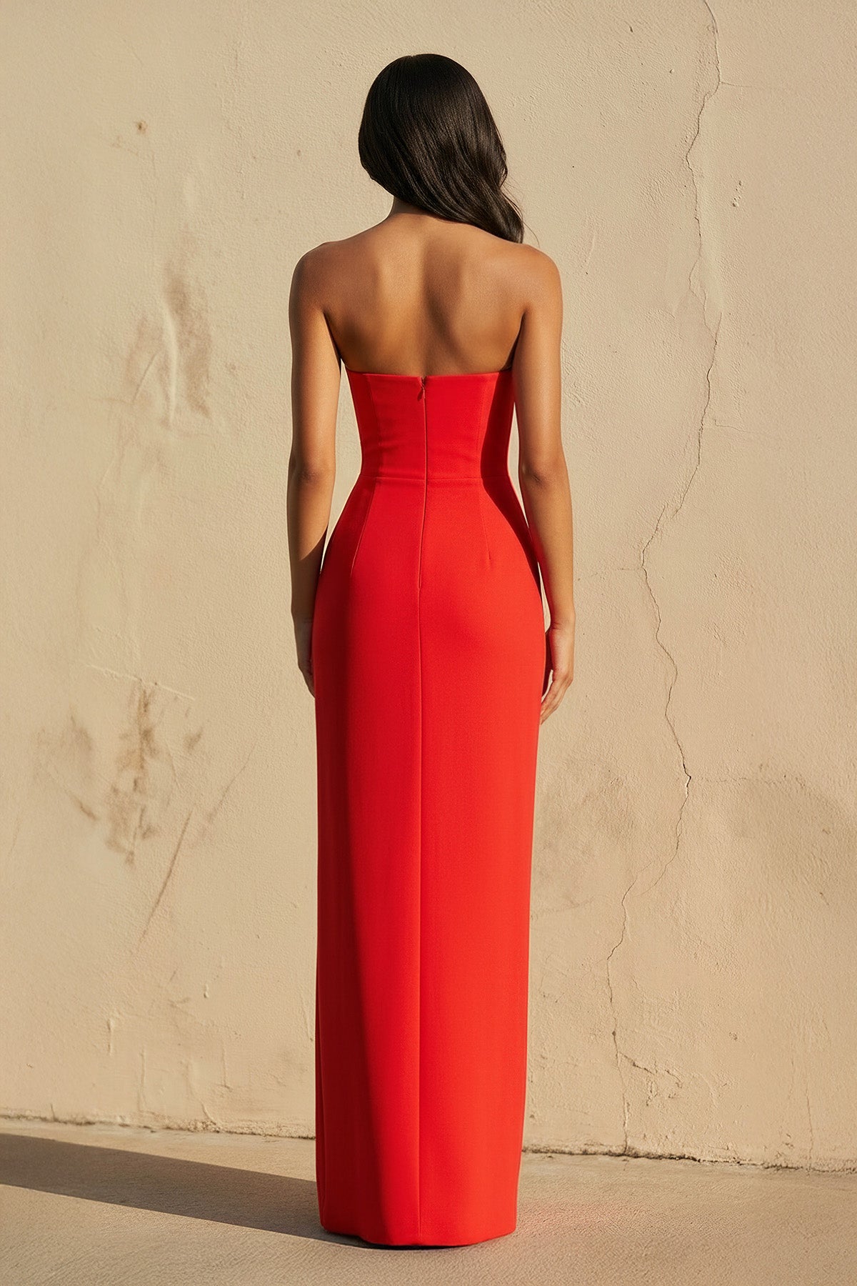 3D Floral Strapless Gown With Slit in Red