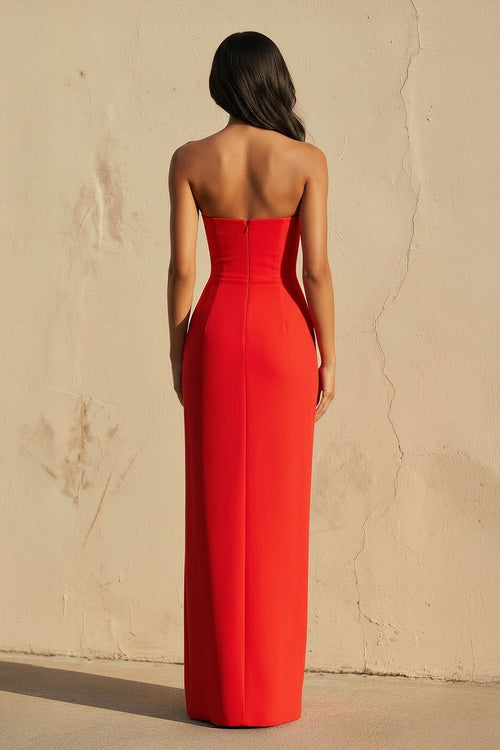 3D Floral Strapless Gown With Slit in Red