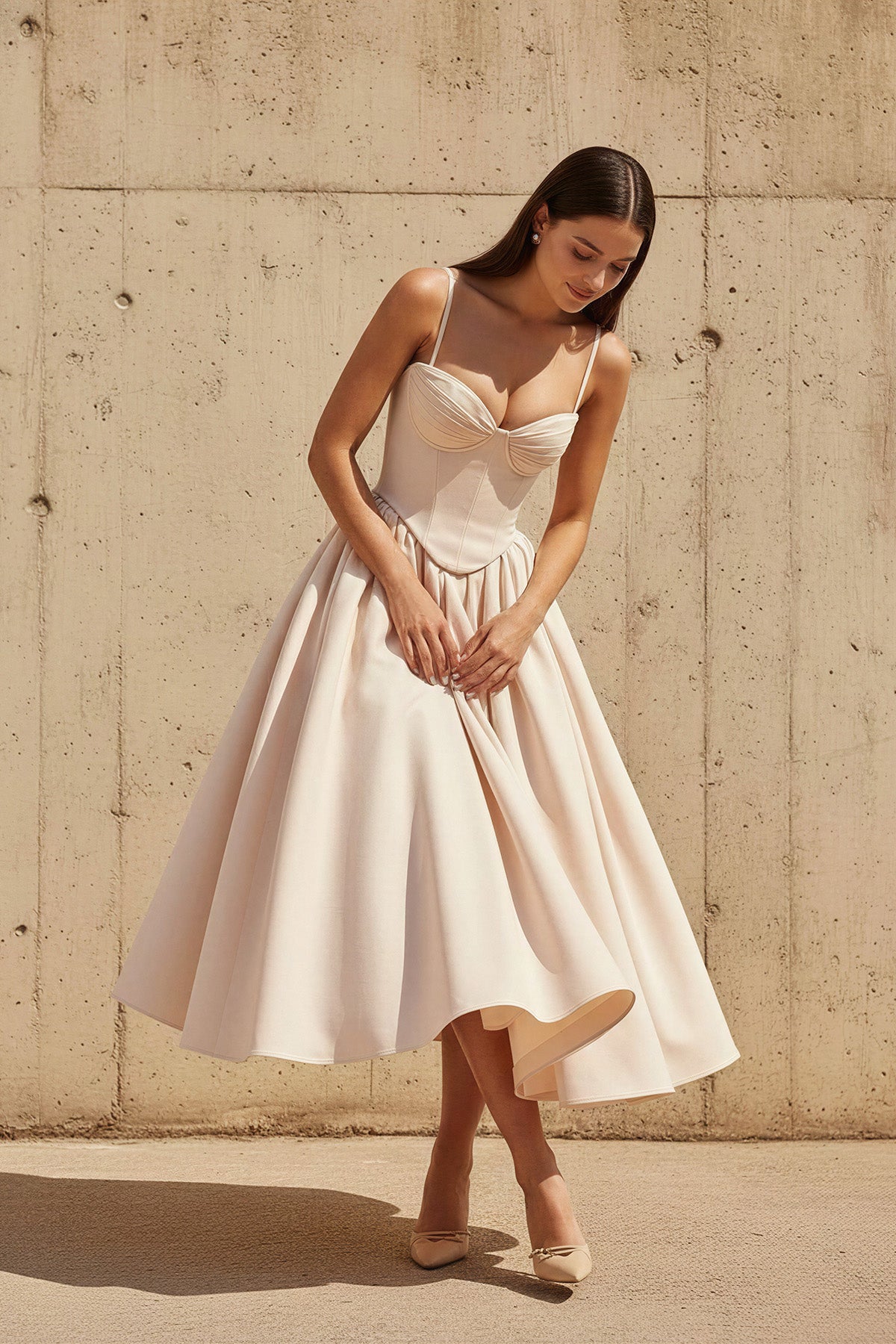 Corset Pleated Midi Dress in Champagne
