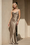 Cowl Neck Open Back Maxi Dress in Brown