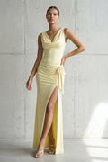 Cowl Neck Ruched Maxi Dress With Slit in Yellow