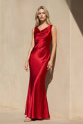Cowl Neck Satin Maxi Dress in Red