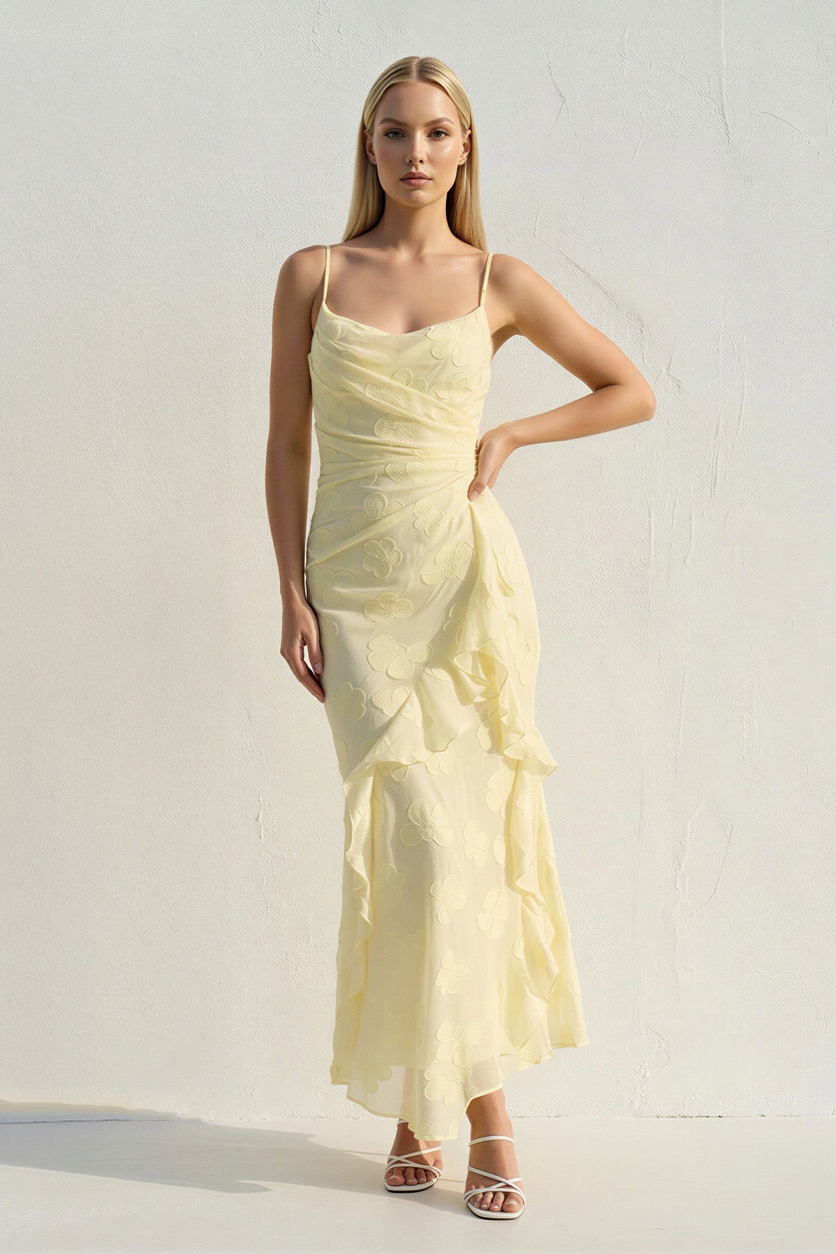 Floral Ruffled Midi Dress in Yellow