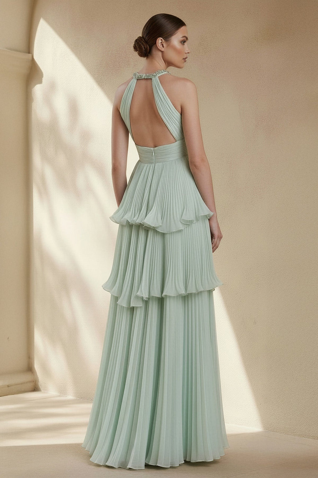 Halter Ruffled Gown With Beading in Mint Green