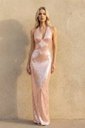Halter Sequins Backless Maxi Dress in Rose Gold