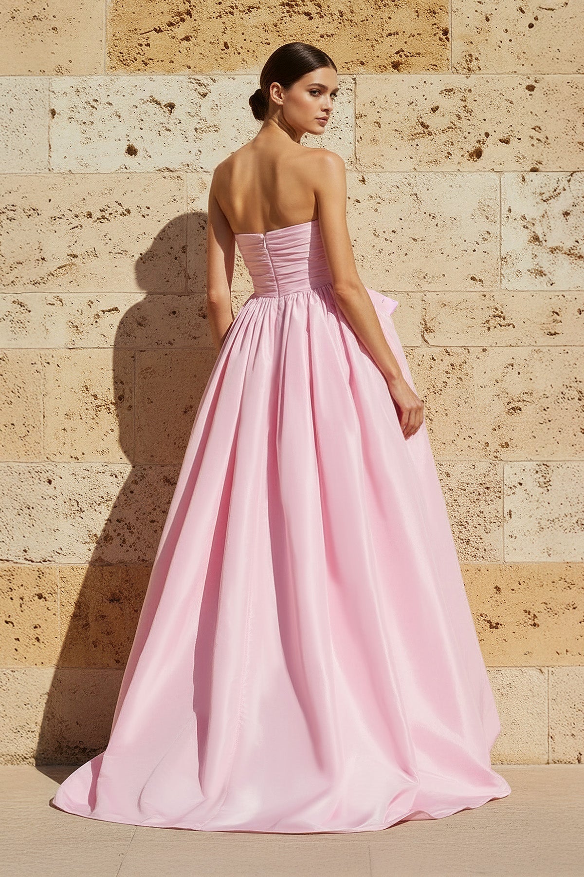 High-Low Ruched Strapless Gown in Pink