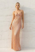 Metallic Pleated Maxi Dress in Rose Gold