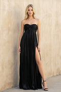 Metallic Strapless Maxi Dress With Slit in Black