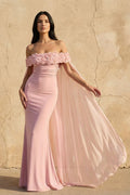 Off The Shoulder Floral Cape Gown in Pink