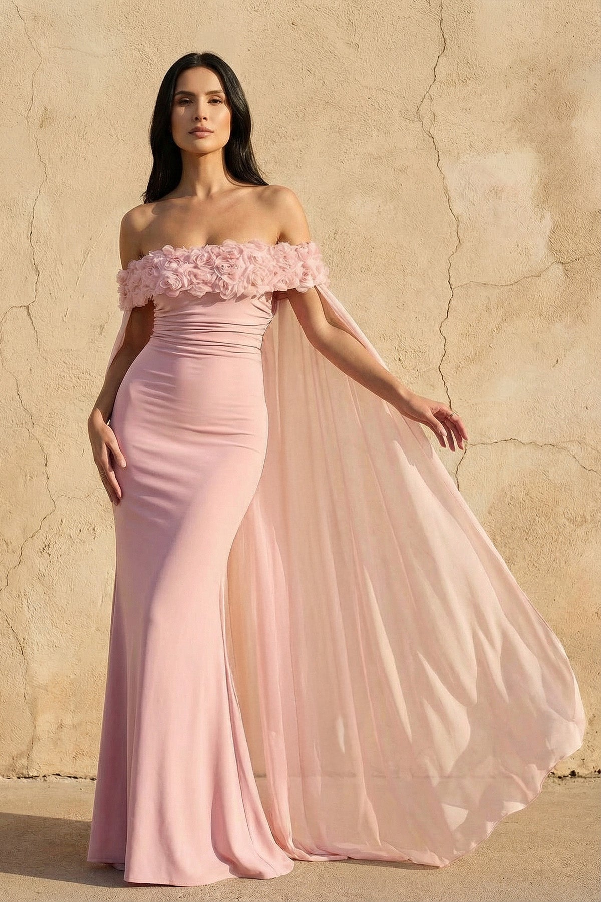 Off The Shoulder Floral Cape Gown in Pink