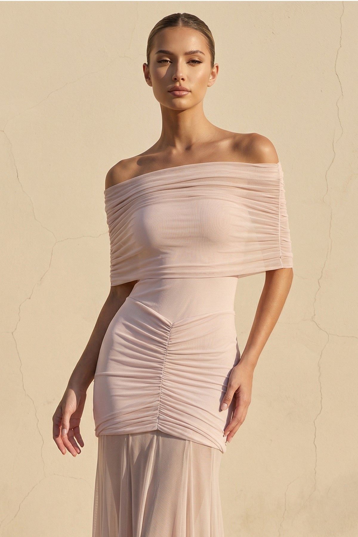 Off The Shoulder Ruched Maxi Dress in Blush