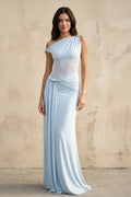 One Shoulder Draped Maxi Dress in Sky Blue
