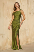 One Shoulder Maxi Dress With Slit in Olive