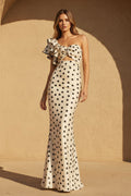 One Shoulder Polka Dot Ruffled Gown in Ivory