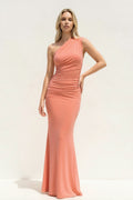 One Shoulder Ruched Sheath Maxi Dress in Coral Pink