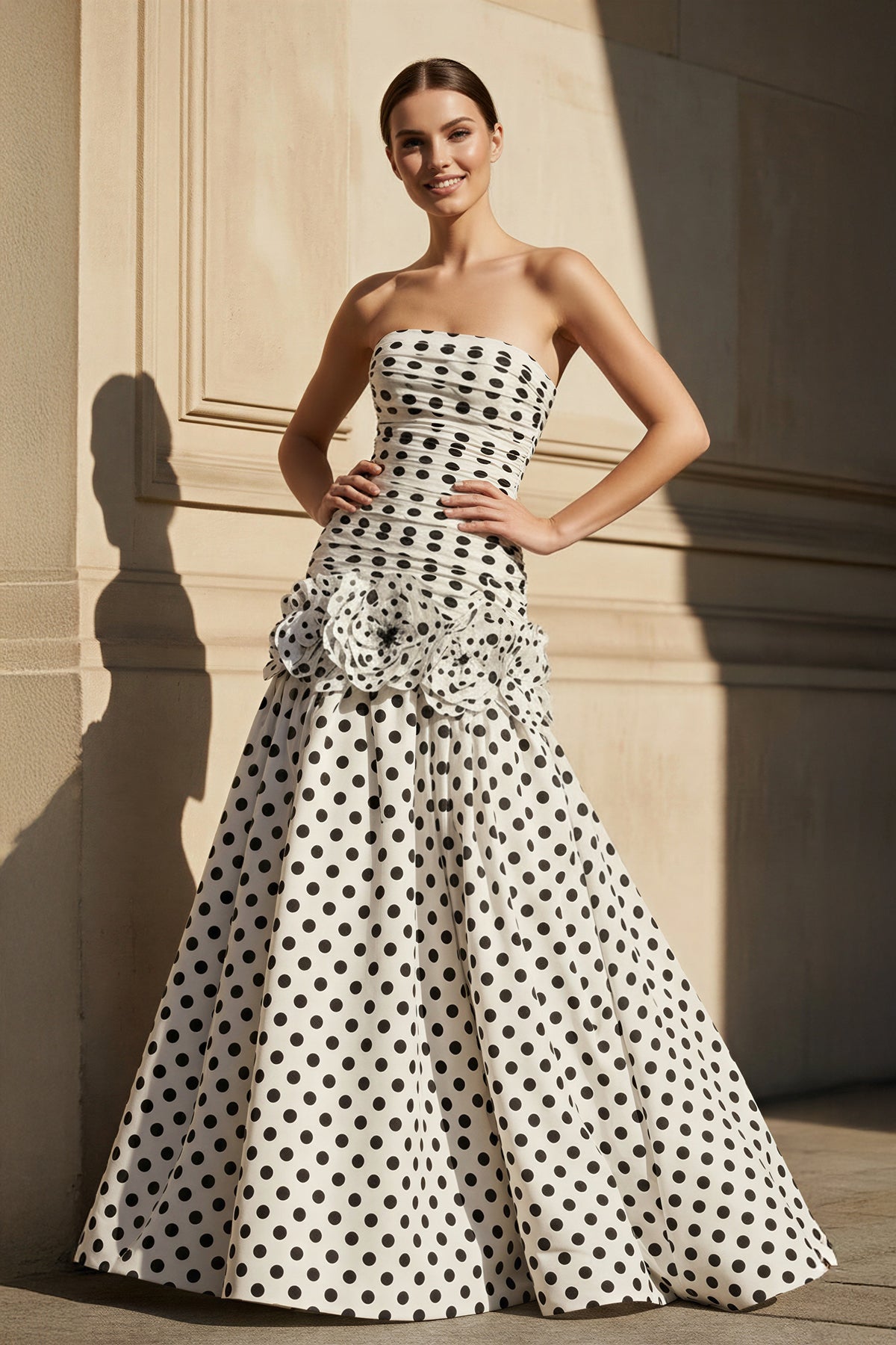 Polka Dot Ruched Mermaid Prom Gown in White