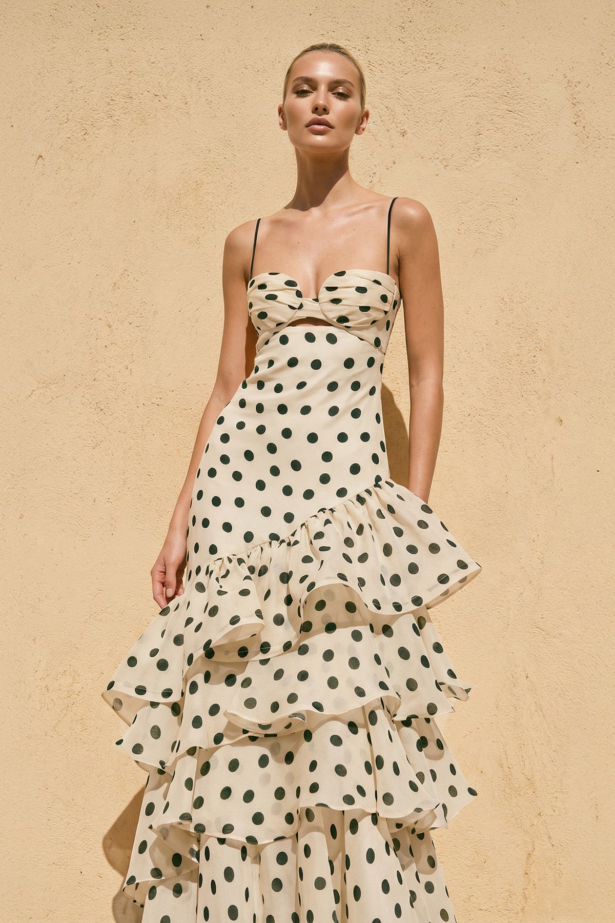 Polka Dot Ruffled Spaghetti Straps Prom Gown in Champagne