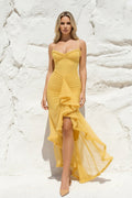 Ruched Maxi Dress With Ruffles in Yellow