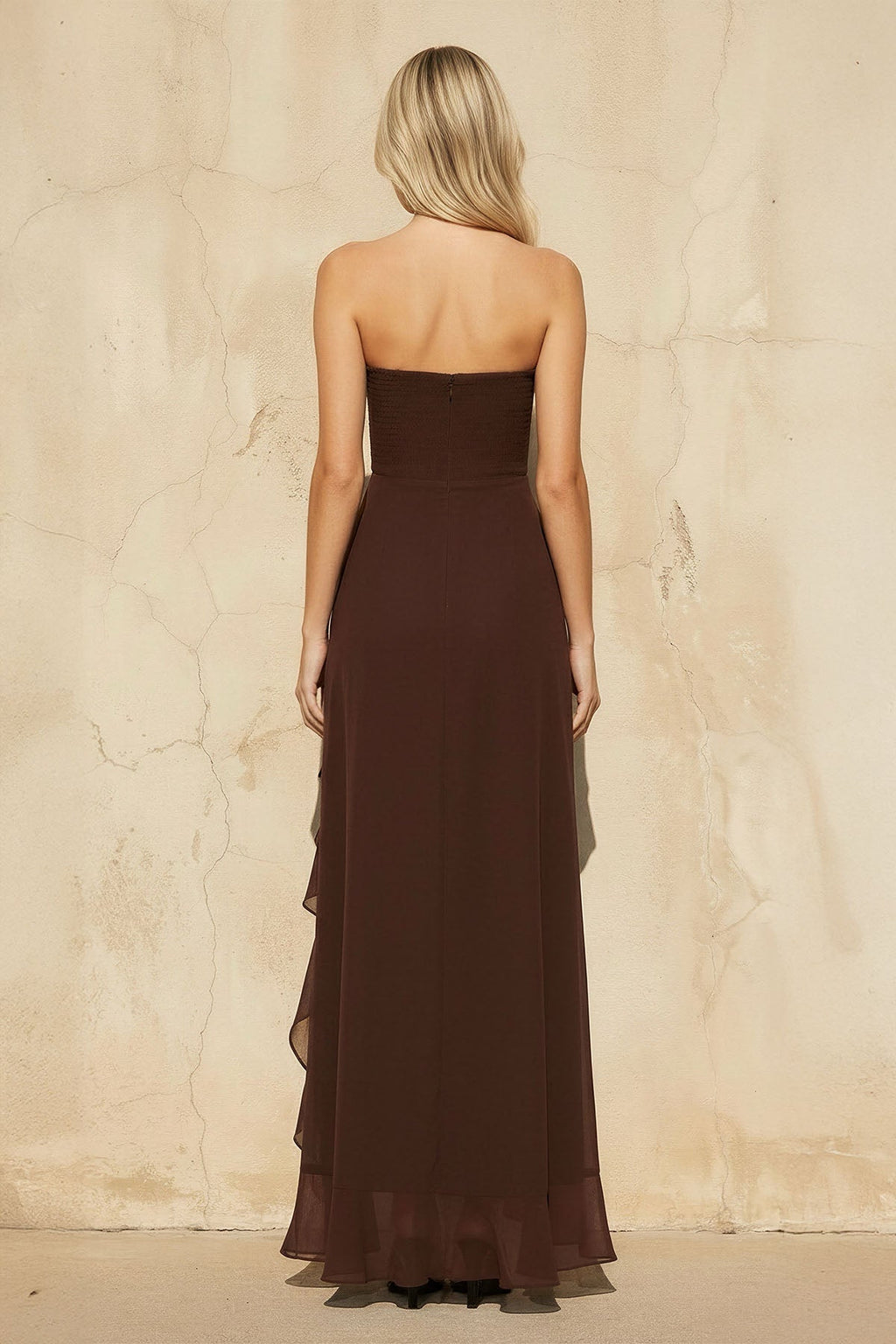Ruffled High-Low Maxi Dress in Brown