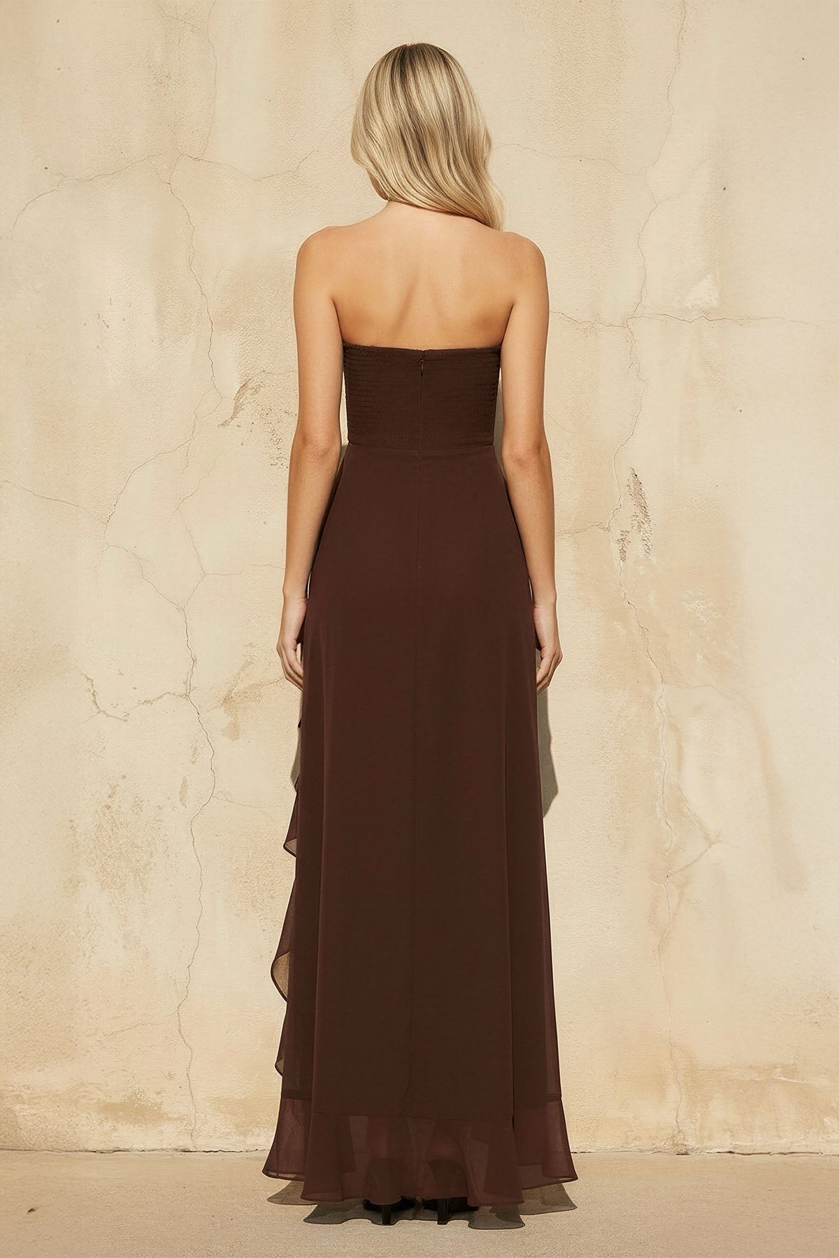 Ruffled High-Low Maxi Dress in Brown