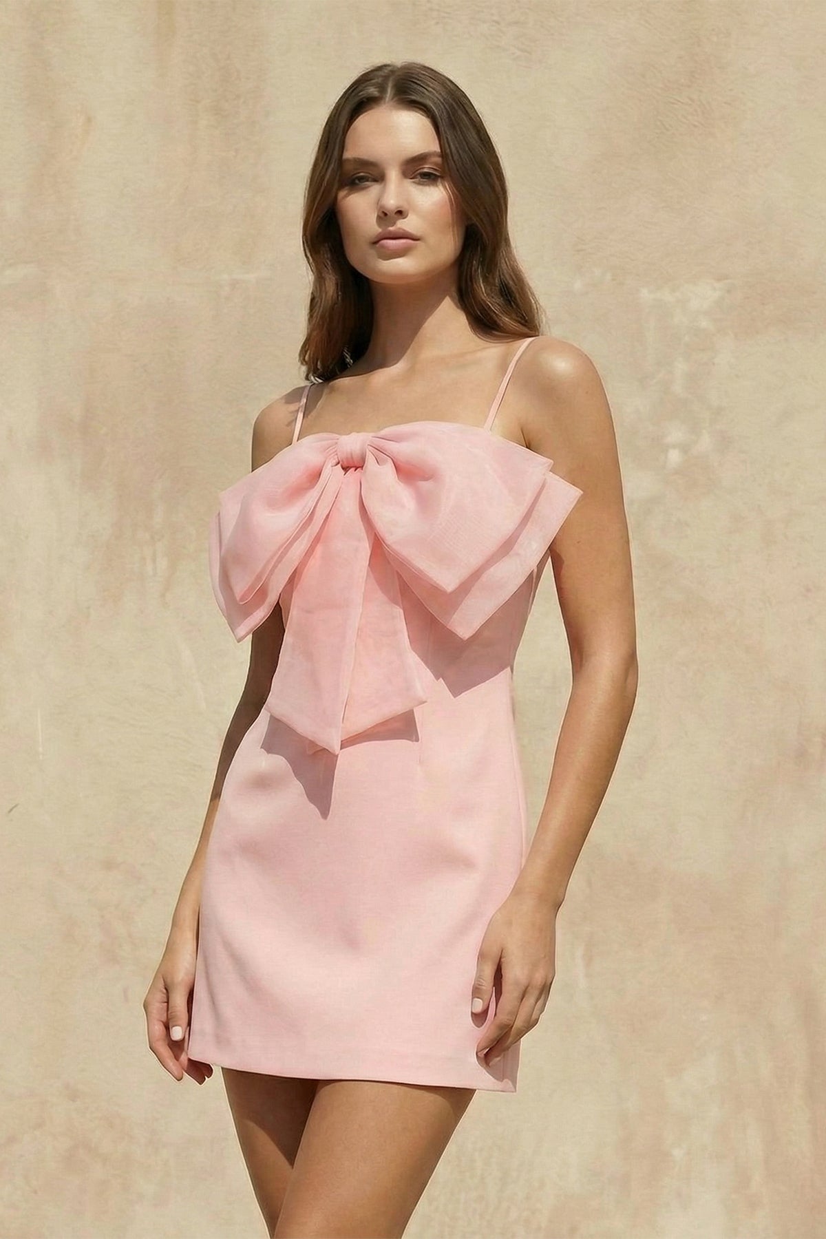 Spaghetti Straps Mini Dress With Bow in Pink