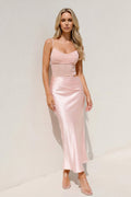 Spaghetti Straps Pleated Midi Dress in Blush
