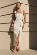 Square Neck Belted Midi Dress With Slit in White