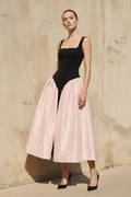 Square Neck Corset Midi Dress in Black and Pink