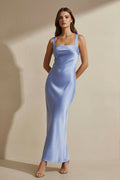 Square Neck Cross Back Satin Maxi Dress in Steel Blue