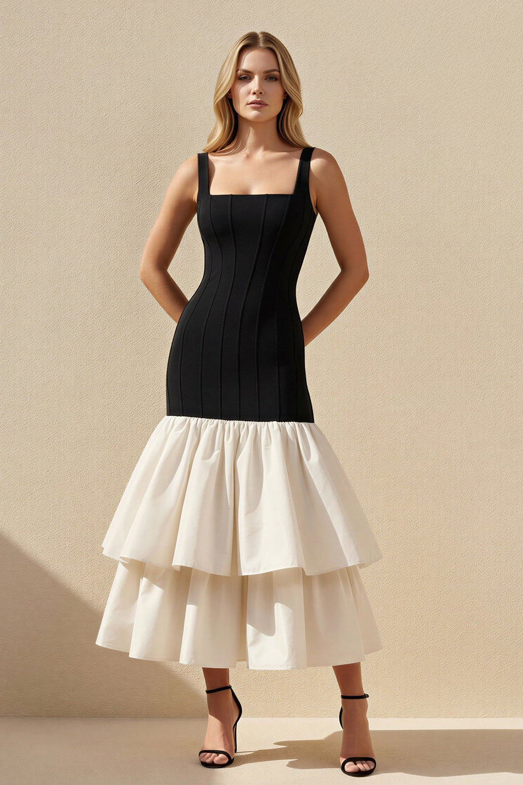 Square Neck Ruffled Midi Dress in Black and White