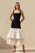 Square Neck Ruffled Midi Dress in Black and White
