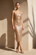 Square Neck Sequins Midi Dress in Champagne