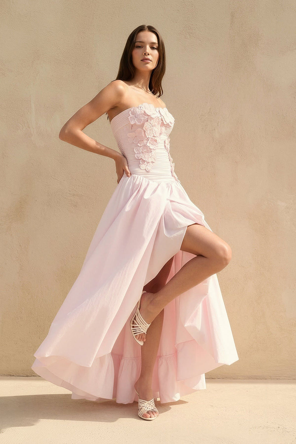 Strapless 3D Floral Appliques Gown in Pink