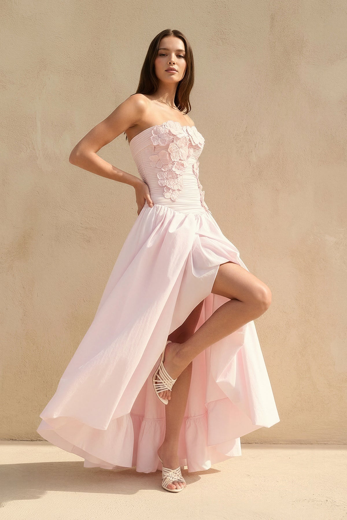 Strapless 3D Floral Appliques Gown in Pink