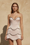 Strapless Beaded Satin Mini Dress in Pink
