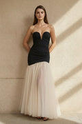 Strapless Pleated Gown With Slit in Black and Ivory