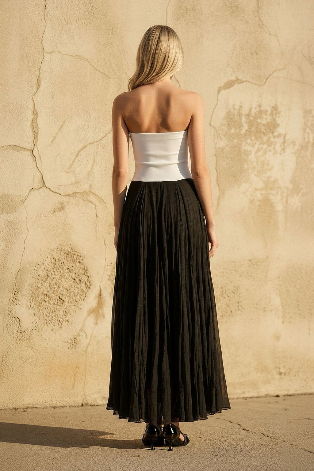 Strapless Pleated Maxi Dress in Black and White