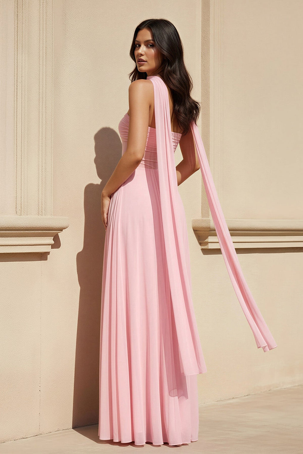 Strapless Pleated Maxi Dress With Scarf in Pink