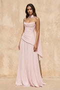 Strapless Pleated Maxi Dress with Scarf in Pink