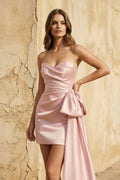 Strapless Pleated Mini Dress With Bow in Pink