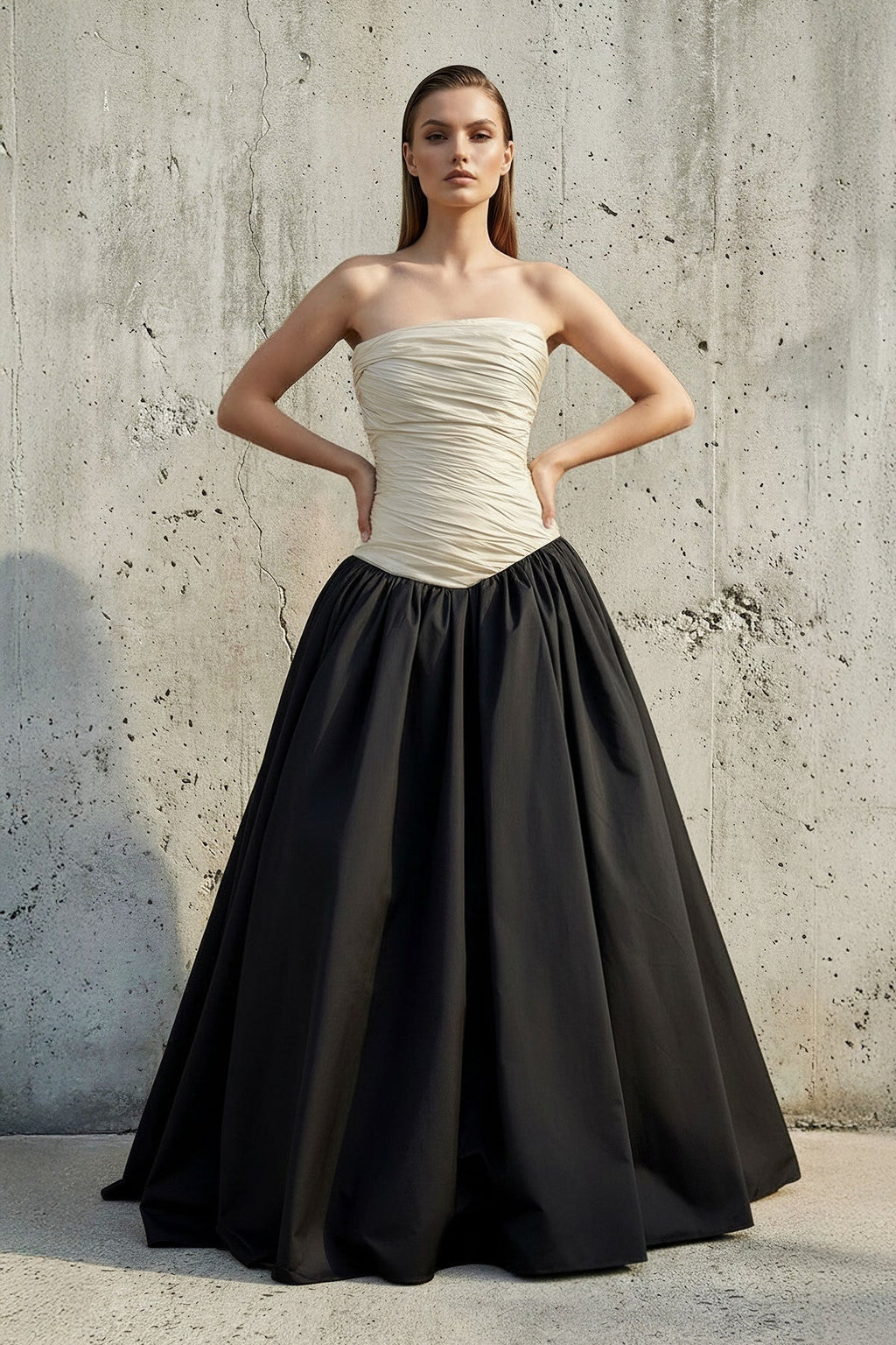 Strapless Ruched Bodice Gown in Black and Ivory