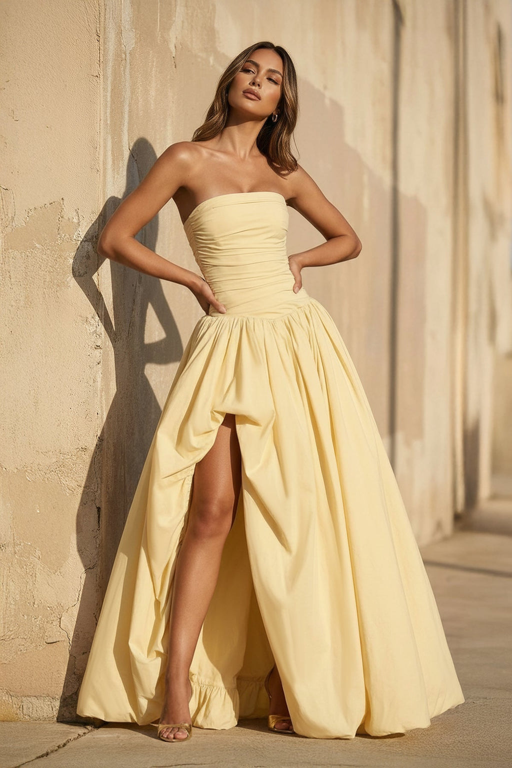 Strapless Ruched Gown With Slit in Yellow