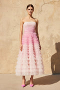 Strapless Ruffled Midi Dress in Pink