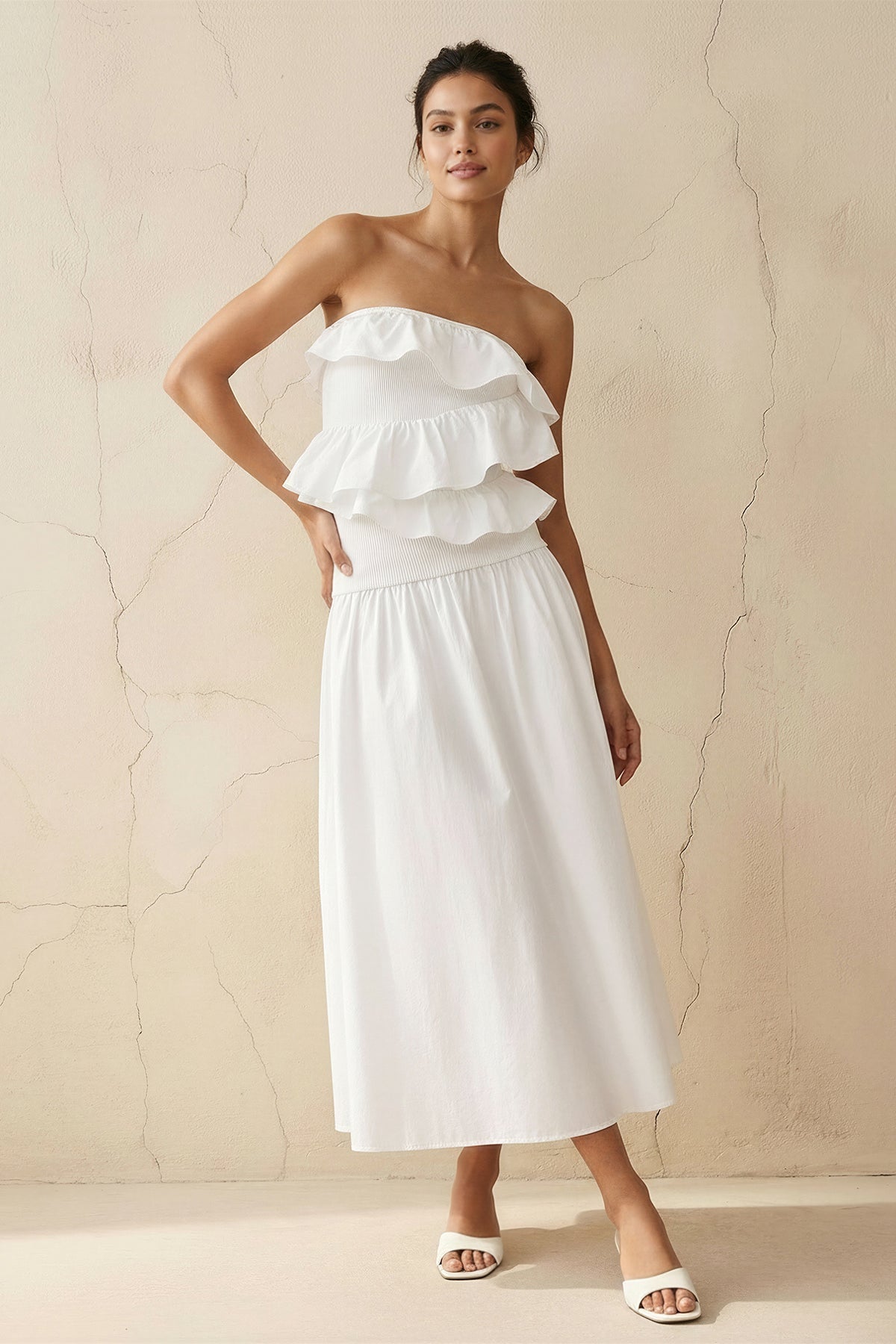 Strapless Ruffled Midi Dress in White