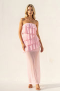 Strapless Ruffled Sheath Maxi Dress in Pink