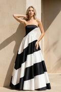 Strapless Satin Gown in Black and White
