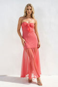 Strapless Sheath Open Back Midi Dress in Coral Pink