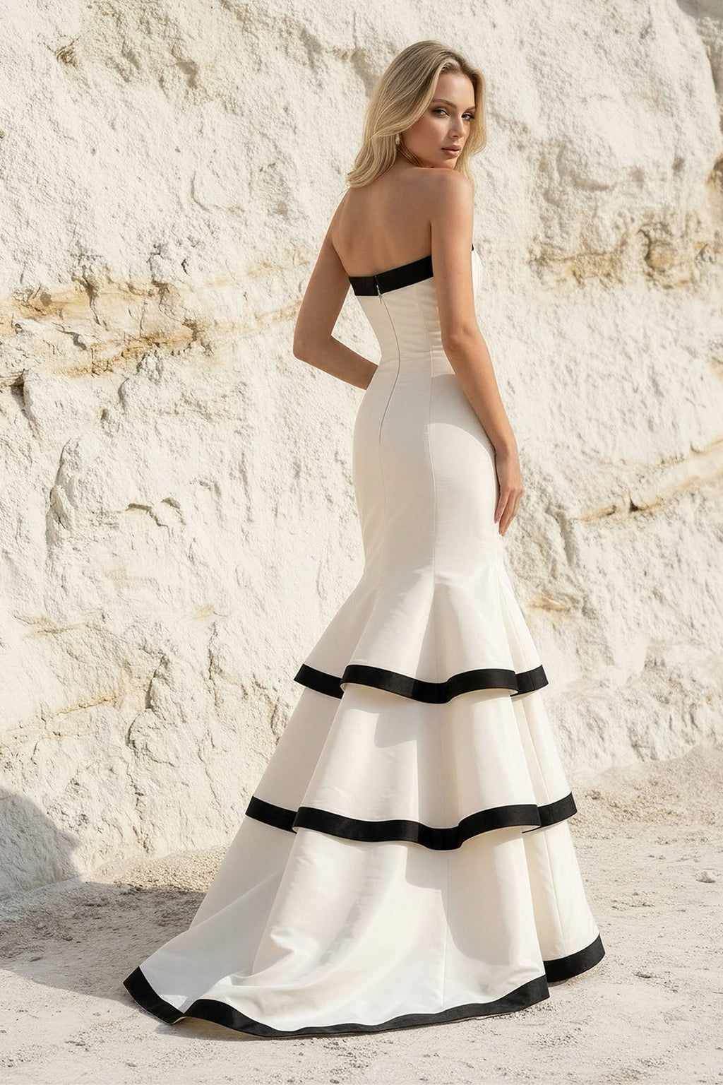Strapless Tiered Mermaid Prom Gown in Black and White