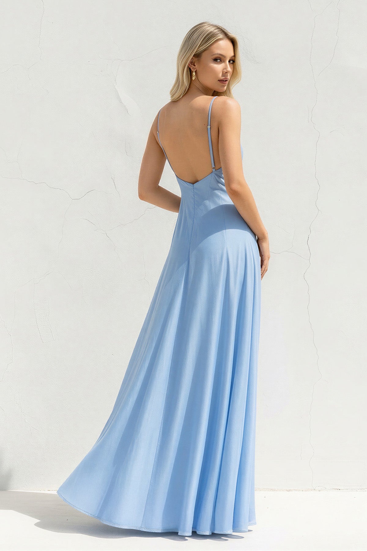 V Neck A Line Maxi Dress in Sky Blue