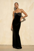 Velvet Strapless Beaded Gown in Black